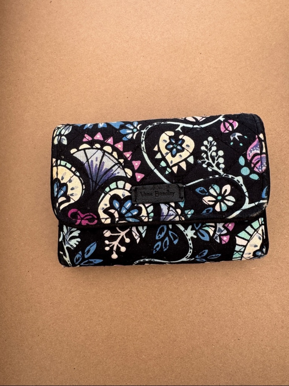 Vera Bradley Navy Floral Quilted Fold-Over Wallet with Purple & Teal Accents - Picture 1 of 12